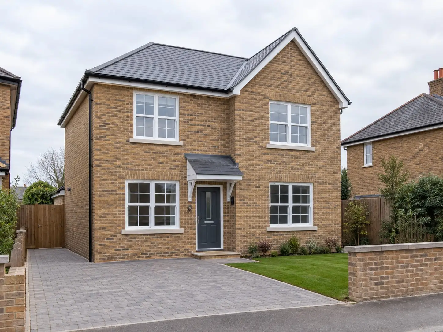 Illustration of a new build house in brick under construction, not a photo of our own work