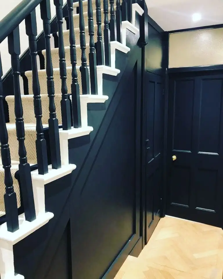 Staircase painted navy with white treads